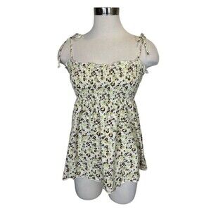 Zoey Beth? Y2K Ruched Brown/Yellow/Green Ditsy Floral Babydoll Top Sz M